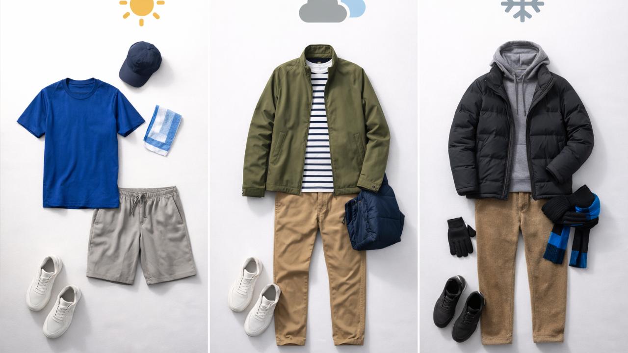 夏・春秋・冬のメンズ観戦コーデを3分割で見せる比較ビジュアル