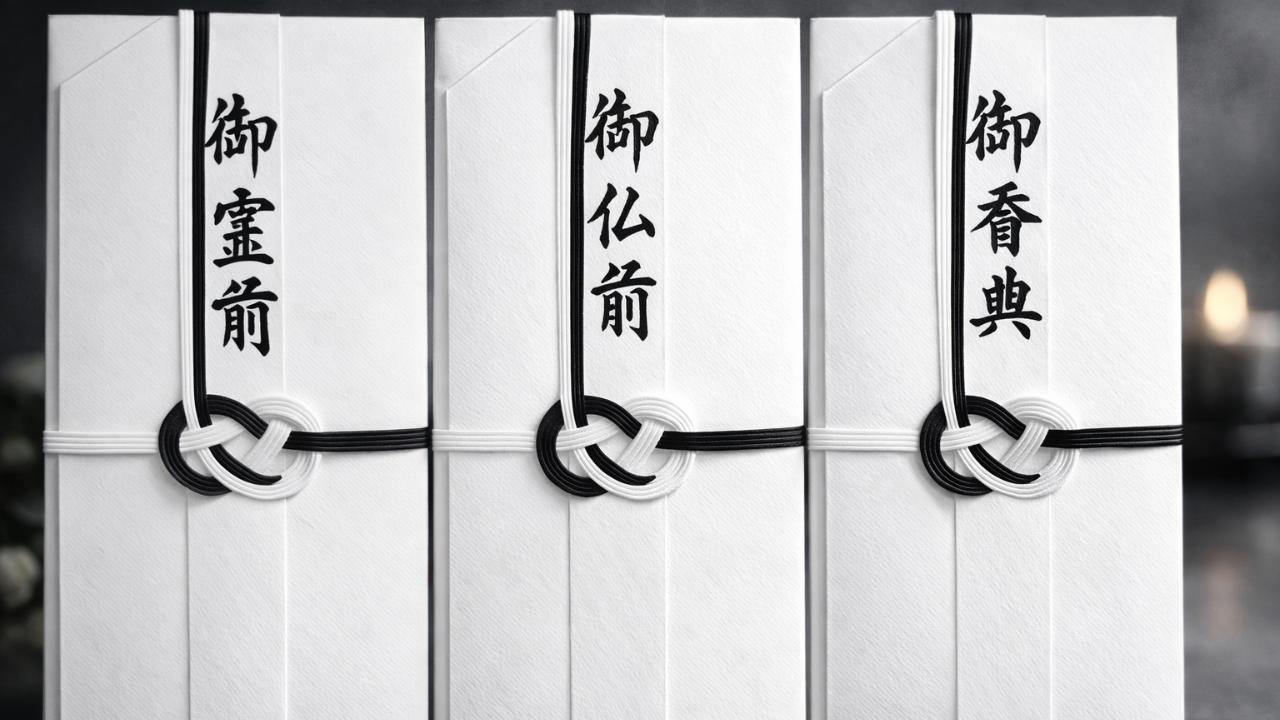 不祝儀袋のクローズアップ、御霊前と御仏前と御香典の例、筆ペン風