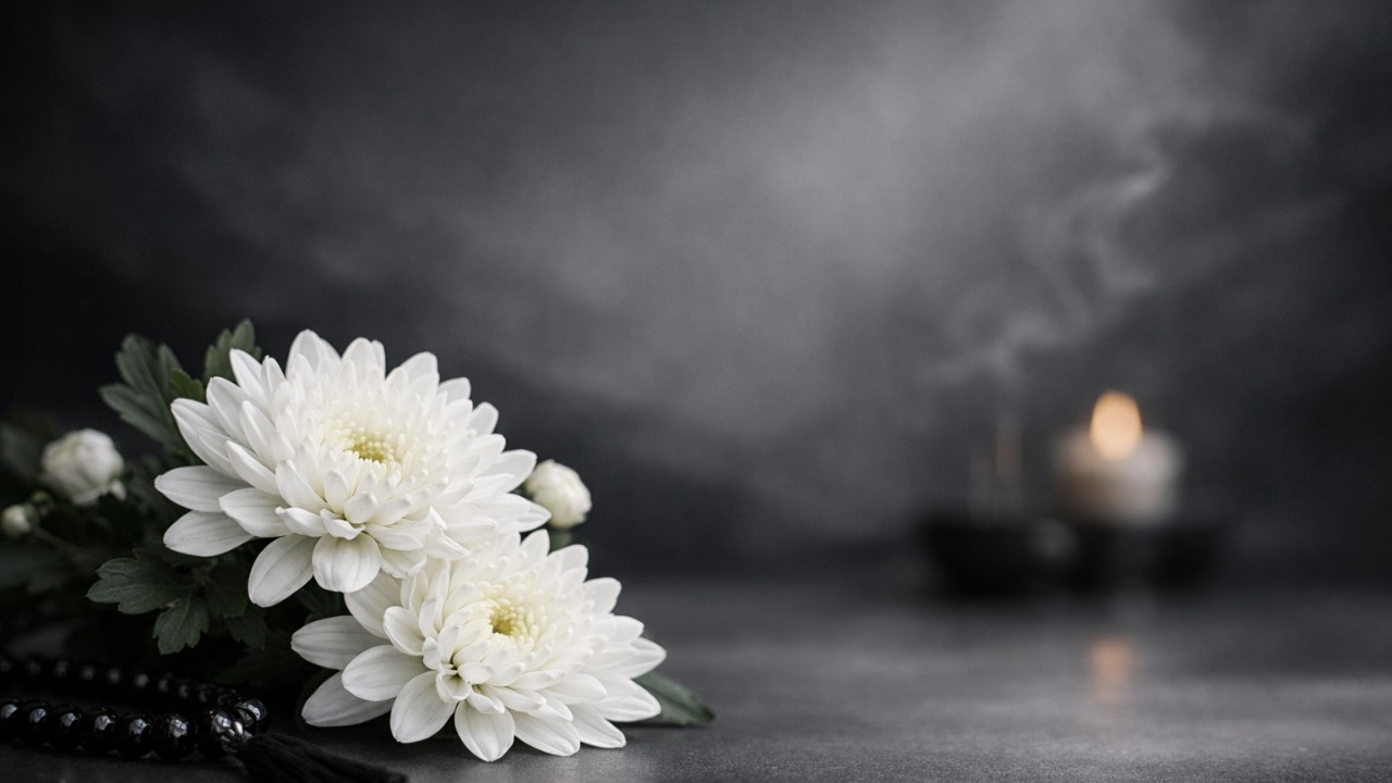 静かな室内光、黒とグレー基調の抽象背景、白い菊のモチーフ