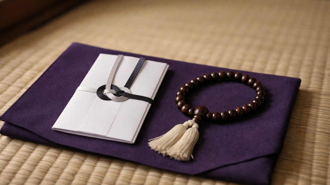 弔事用のふくさの上に、御仏前の香典袋と数珠を整然と置いた静かな写真風