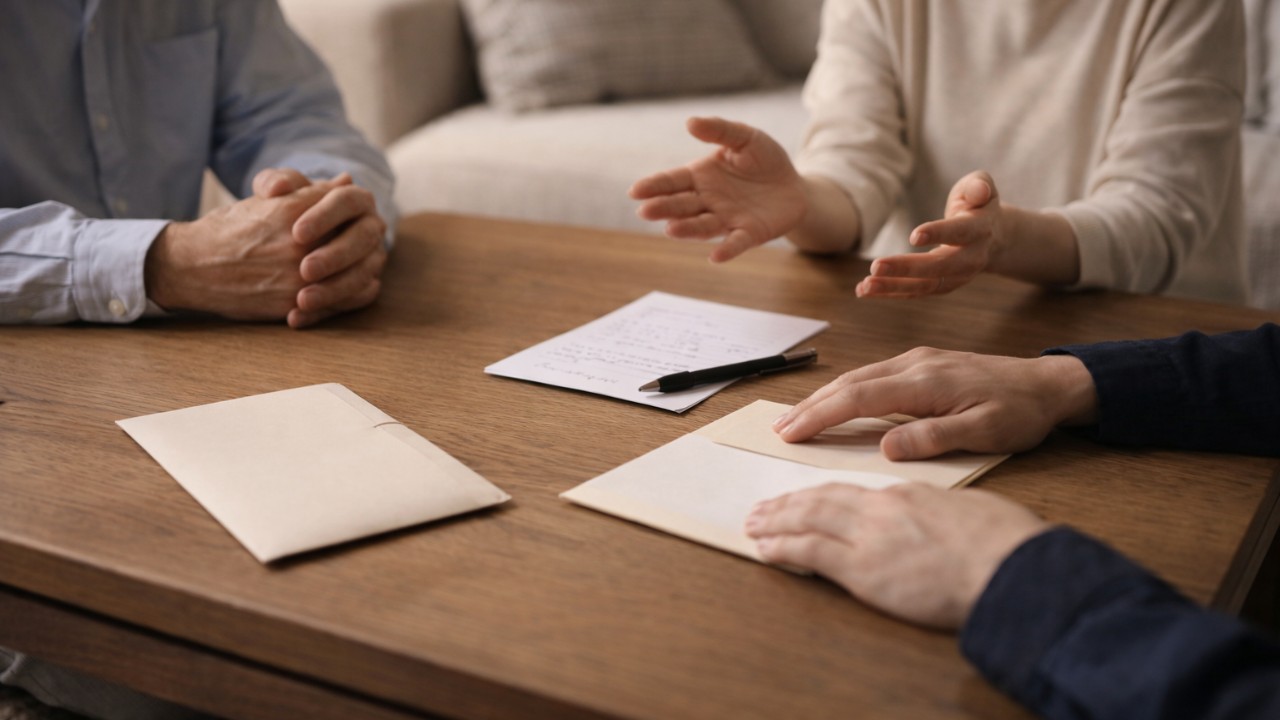 リビングで家族が落ち着いて話し合っている手元中心の写真風