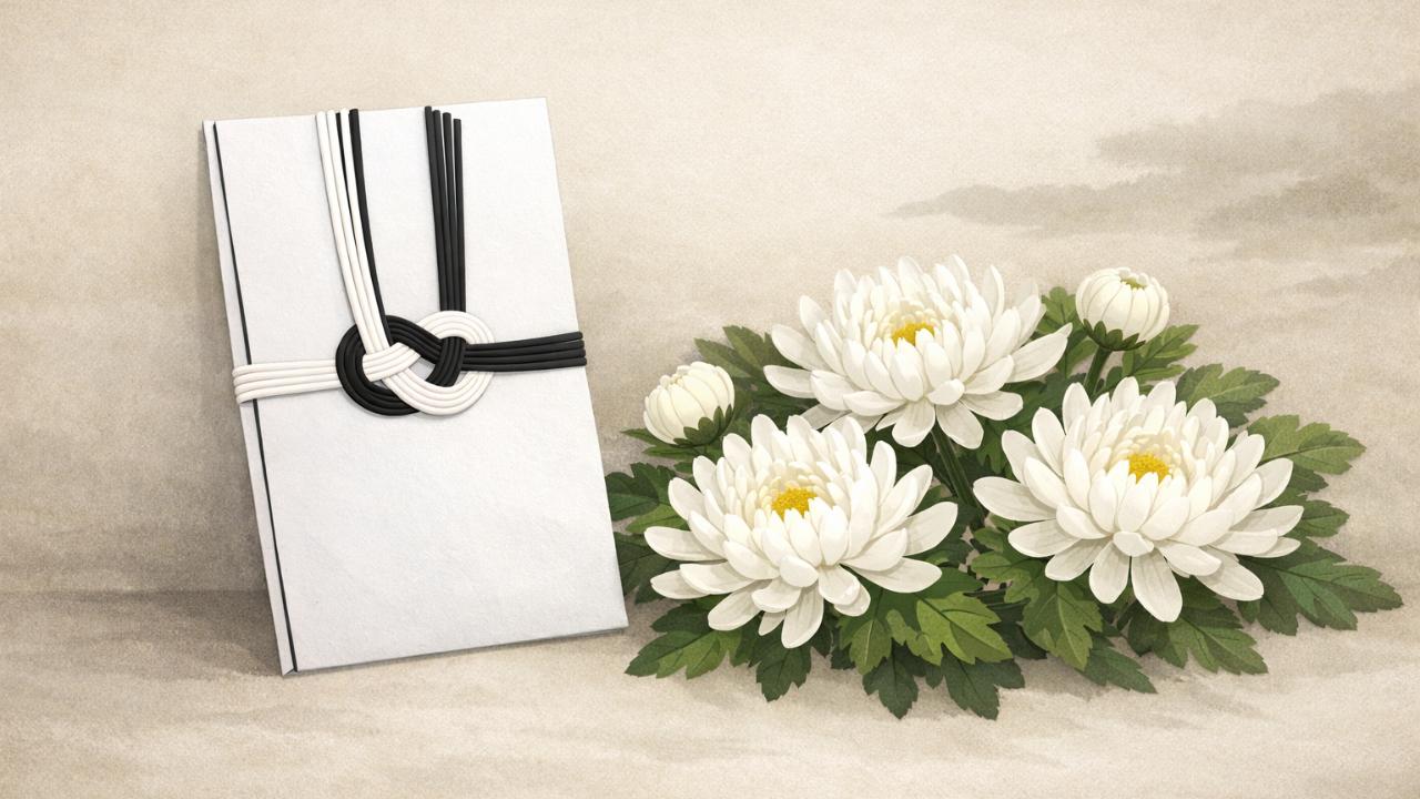 葬儀マナーの安心感が伝わる、落ち着いた配色の和風イラスト