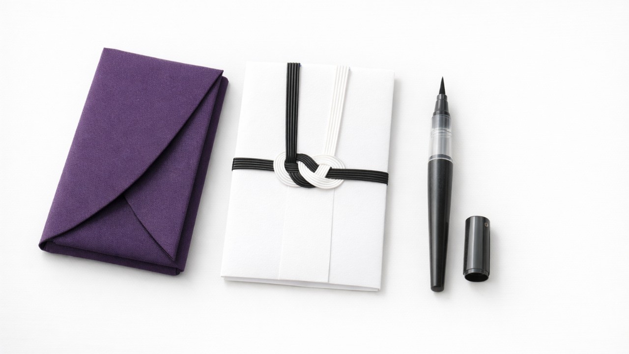白い机の上に不祝儀袋(黒白の結び切り)、薄墨の筆ペン、紫の袱紗を整然と配置した静かな雰囲気の物撮り