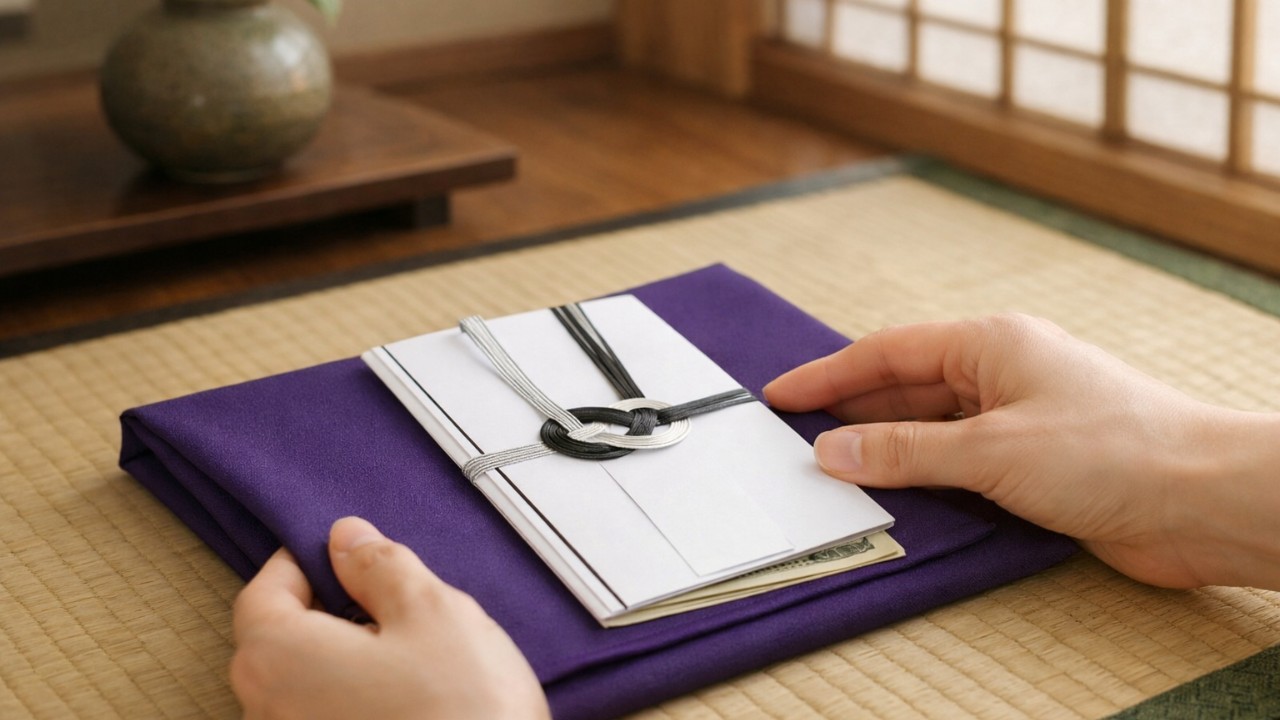 袱紗と香典袋の静物写真風、落ち着いた和室の背景