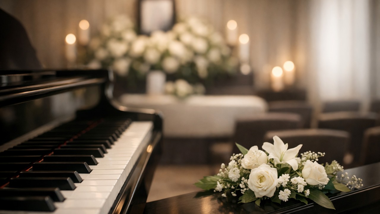 静かな葬儀会場、柔らかな光、ピアノ鍵盤と白い花を控えめに配置