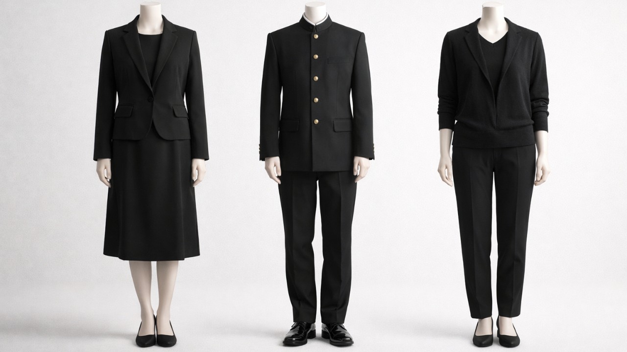 孫が参加するお骨拾いの服装例を3パターン（黒の喪服、学生の制服、暗色のきれいめ私服）で並べたイメージ