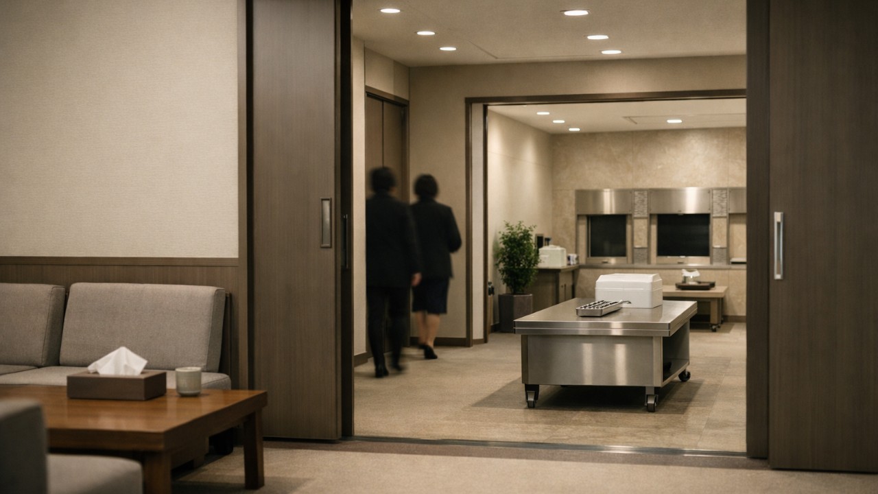日本の火葬場の控室から収骨室へ向かう流れを、落ち着いた色合いのシンプルな写真風