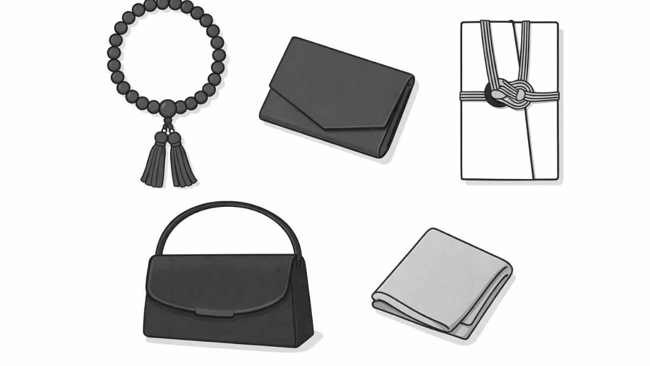 お通夜の持ち物チェックリストのイメージ。数珠、ふくさ、香典袋、黒バッグ、ハンカチを整然と配置したフラットイラスト