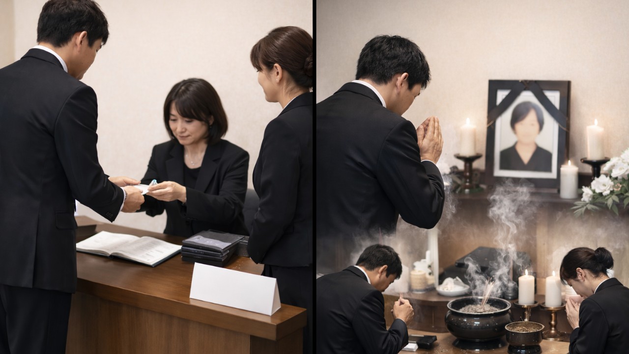 受付で香典を渡して記帳する場面と、焼香の所作を並べて説明する