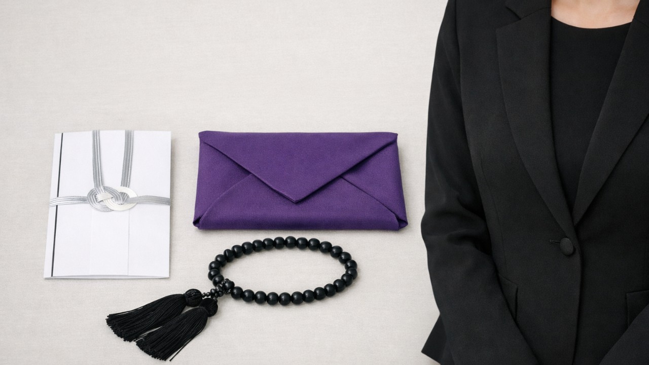 香典袋、袱紗、数珠、黒の服装（喪服）をシンプルなイラストで配置
