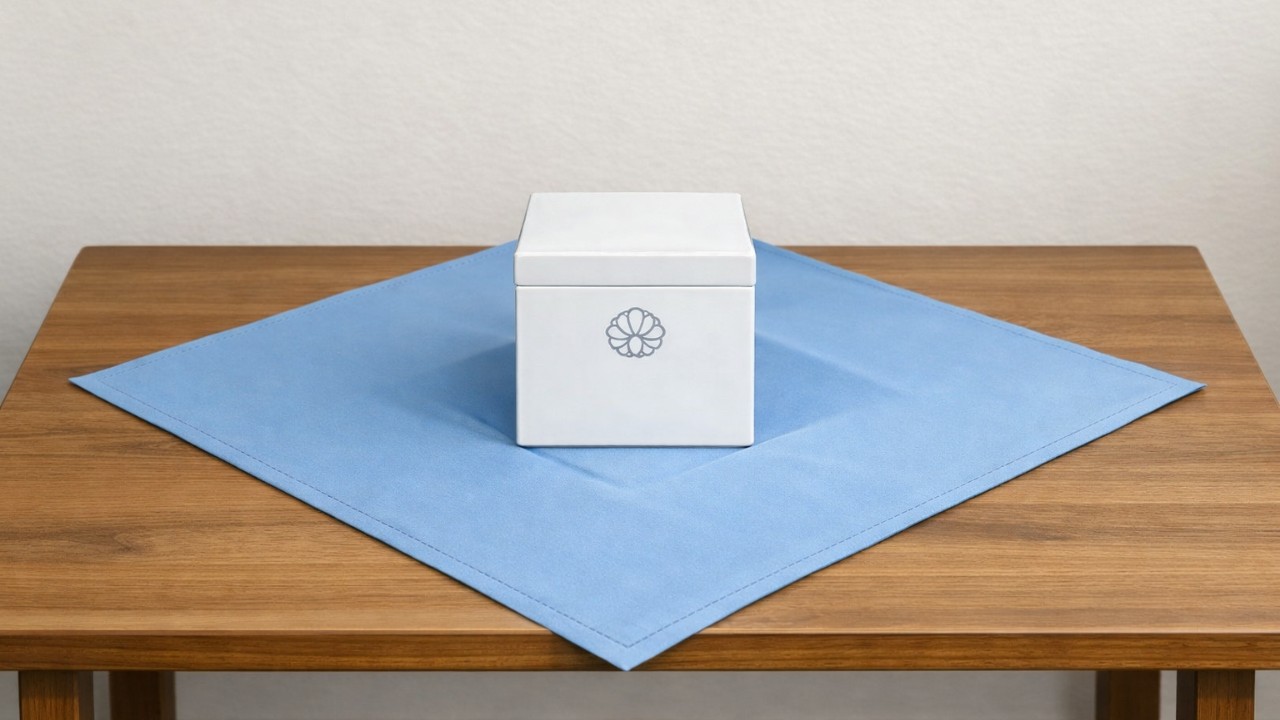 シンプルな図解、机の上に風呂敷を菱形に広げ、中央に骨箱を置いた構図