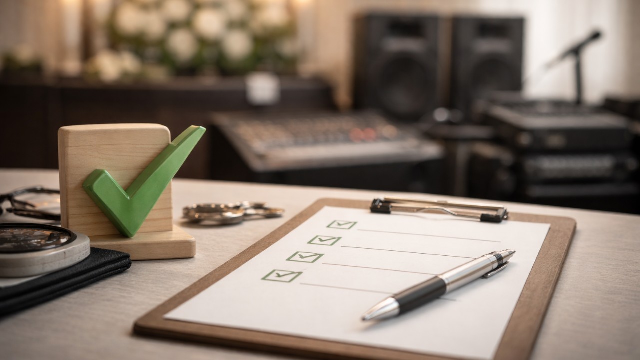 クリップボードとチェックマークのアイコン風小物、式場の音響機材を背景にぼかし