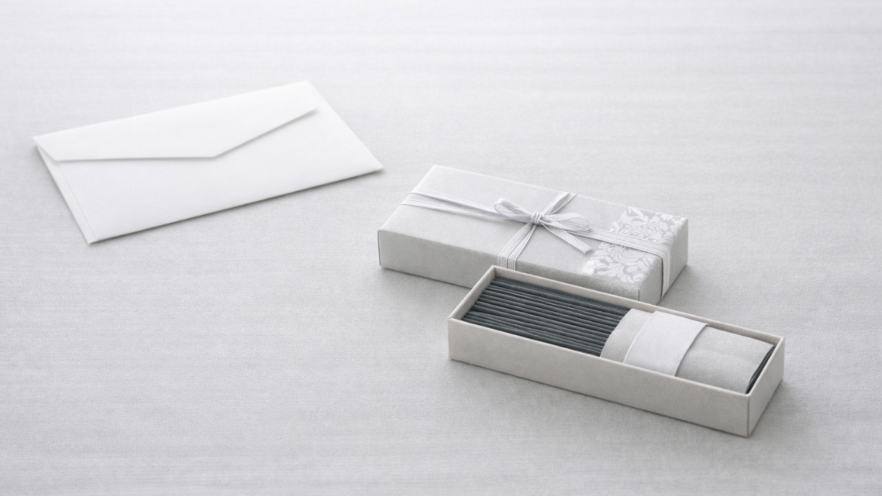 白い封筒と控えめな進物線香を机上に置いたイメージ