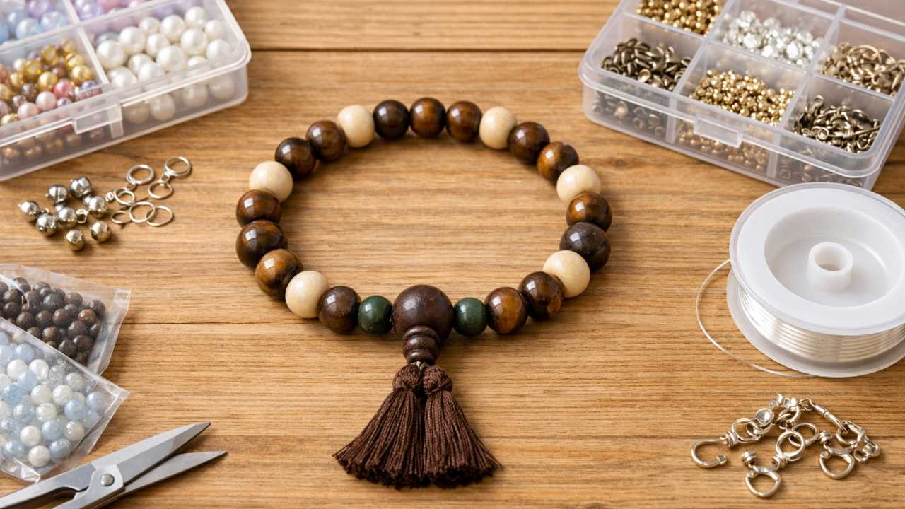 100均でそろえたビーズ、テグス、パーツケースを木目の机に整然と並べ、その中央に落ち着いた色合いの手作り数珠を完成品として配置