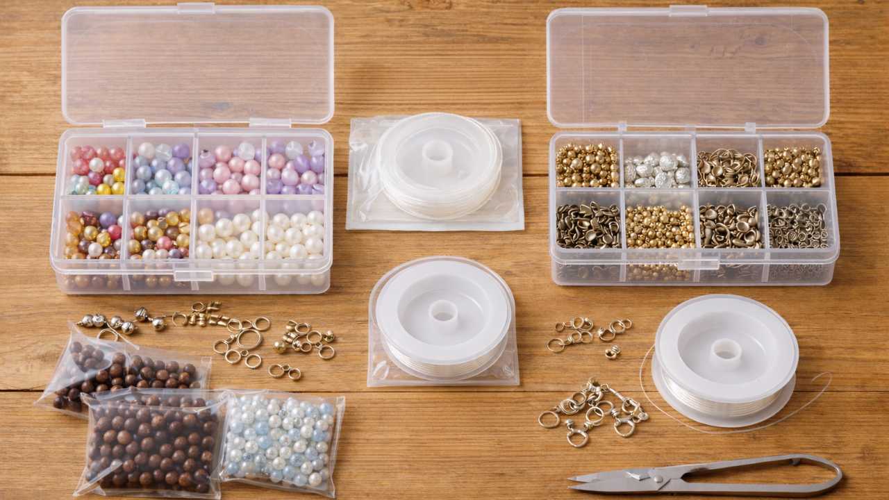 100均でそろえたビーズ・テグス・ケースを並べた全体写真
