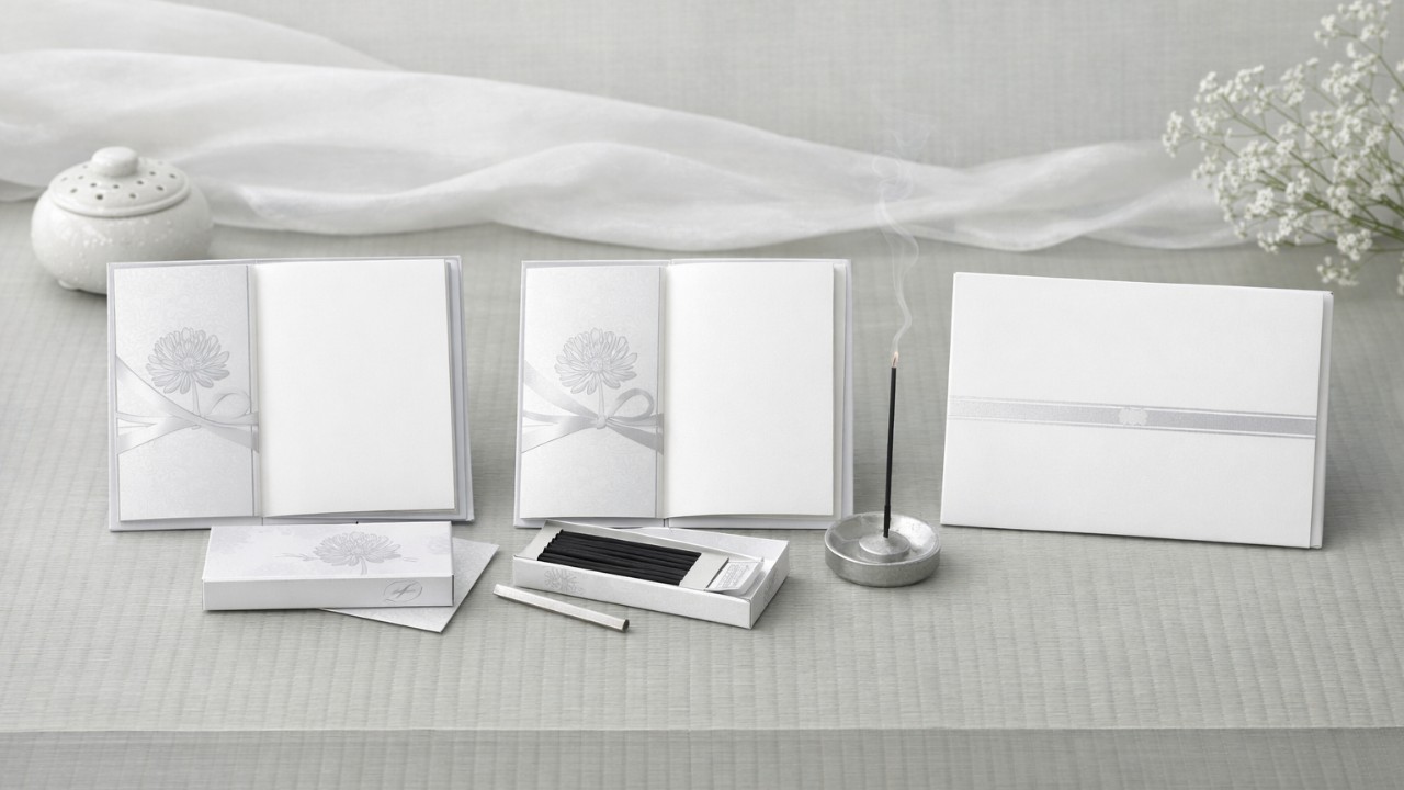 弔電の台紙と線香付き弔電、シンプルな台紙のみの弔電を落ち着いた和風背景の上で比較している構図