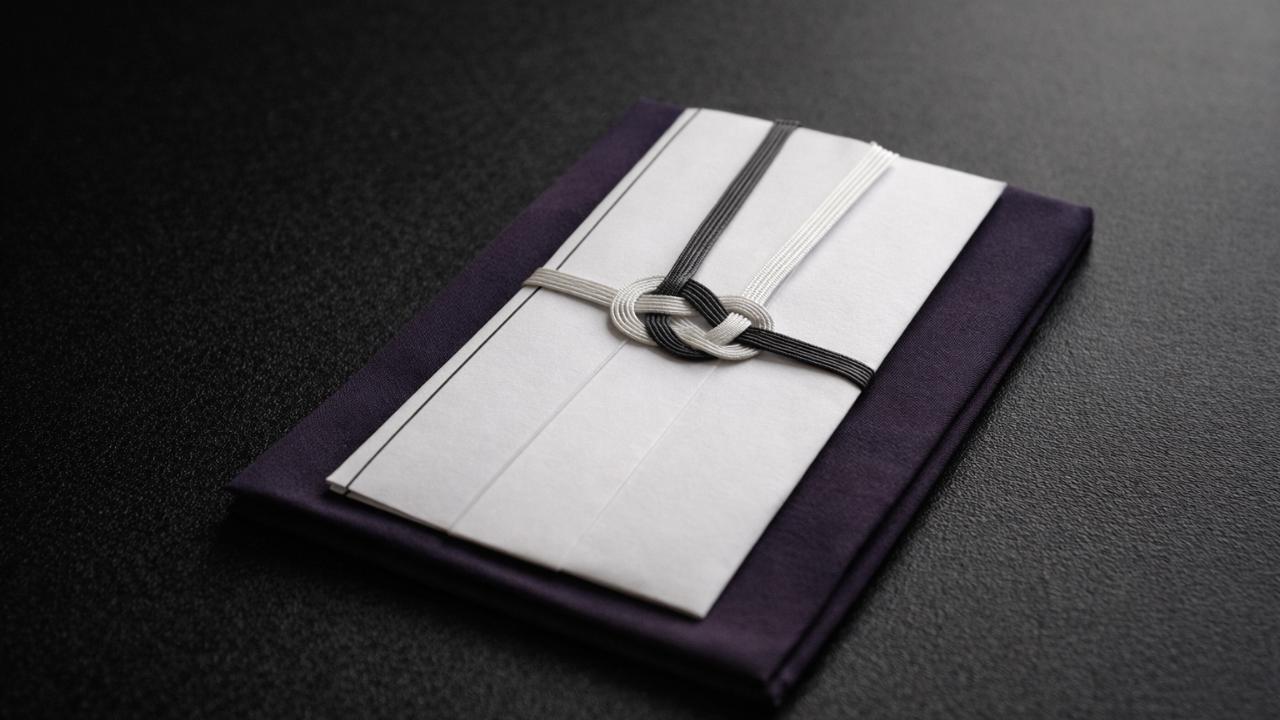 袱紗の上に置かれた香典袋、黒を基調とした静かなテーブル