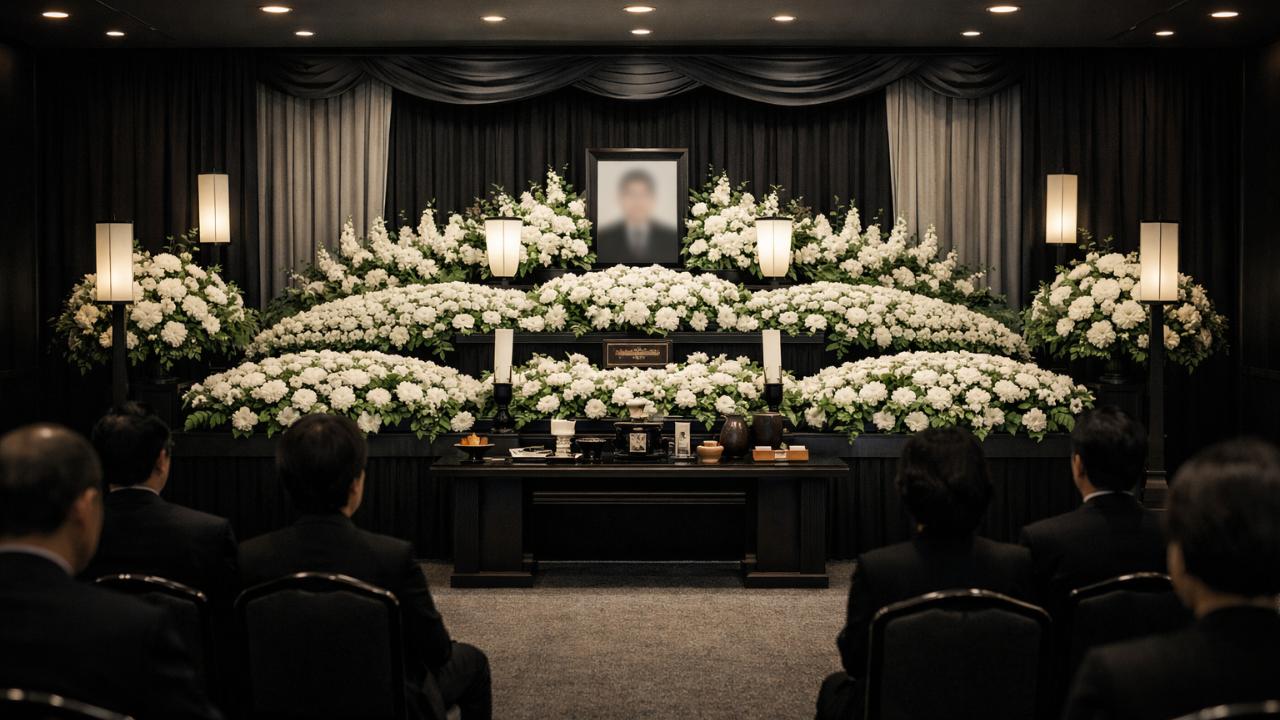 日本の告別式会場をイメージした厳かな室内、白い生花祭壇、黒を基調にした落ち着いた空間