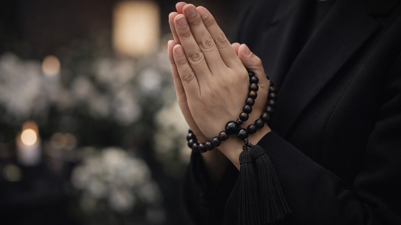 仏式葬儀で左手に略式数珠をかけて静かに合掌する手元のクローズアップ