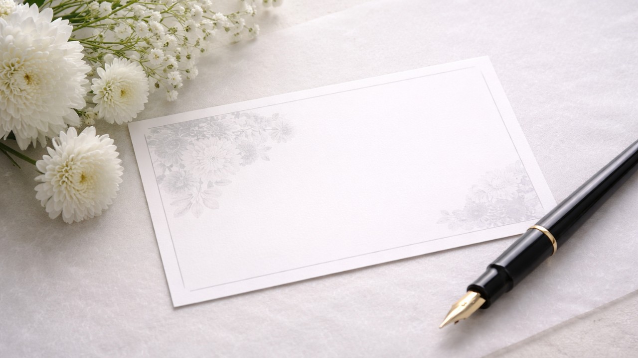 喪中はがきと万年筆、白い花を和紙の上に静かに配置した落ち着いた静物写真風