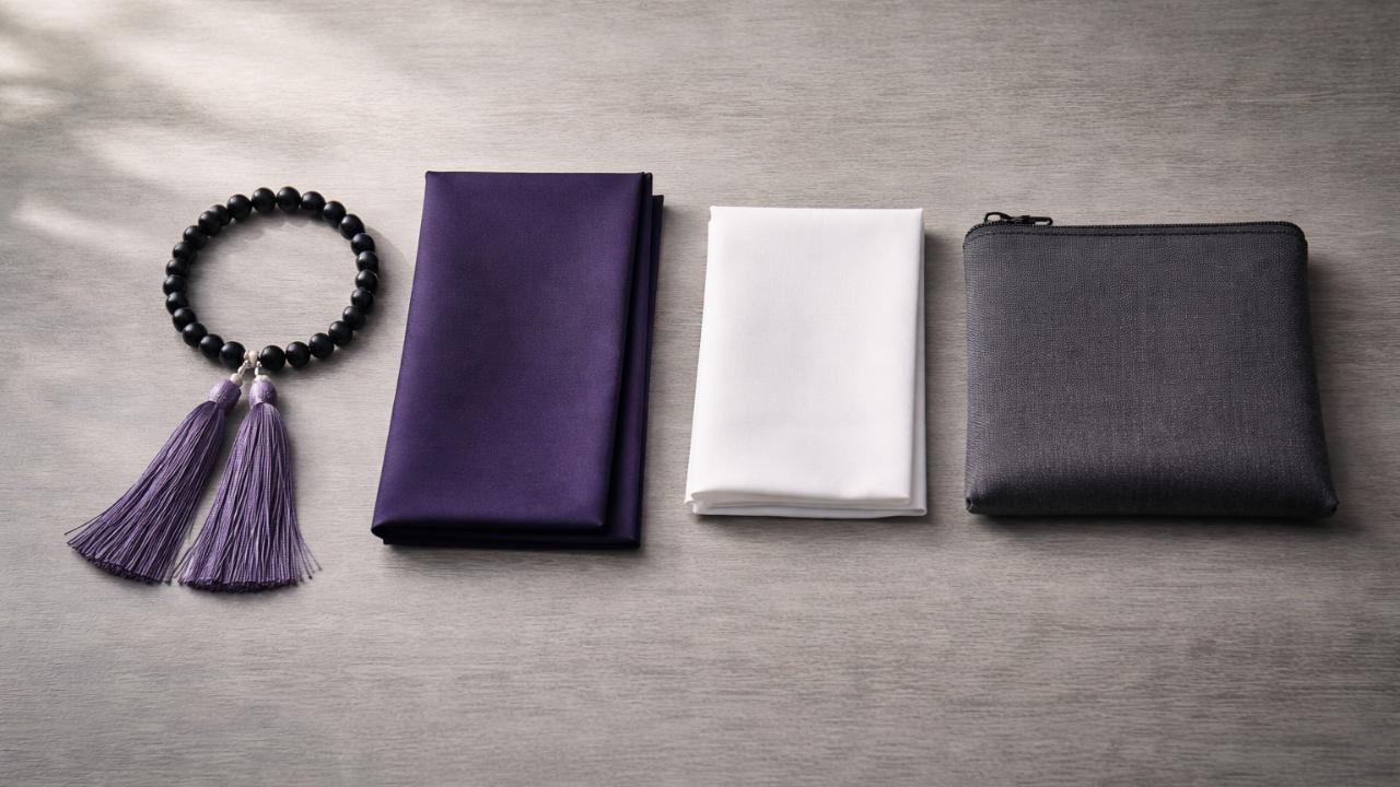 数珠、紫または紺の袱紗、無地のハンカチ、シンプルな布製ポーチを整然と並べた上品な静物写真