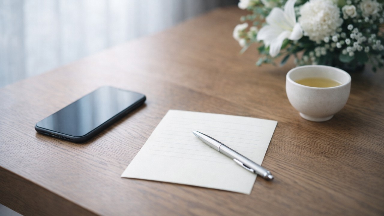 テーブルの上に置かれたスマートフォンと便箋、白い花、小さな湯のみ。