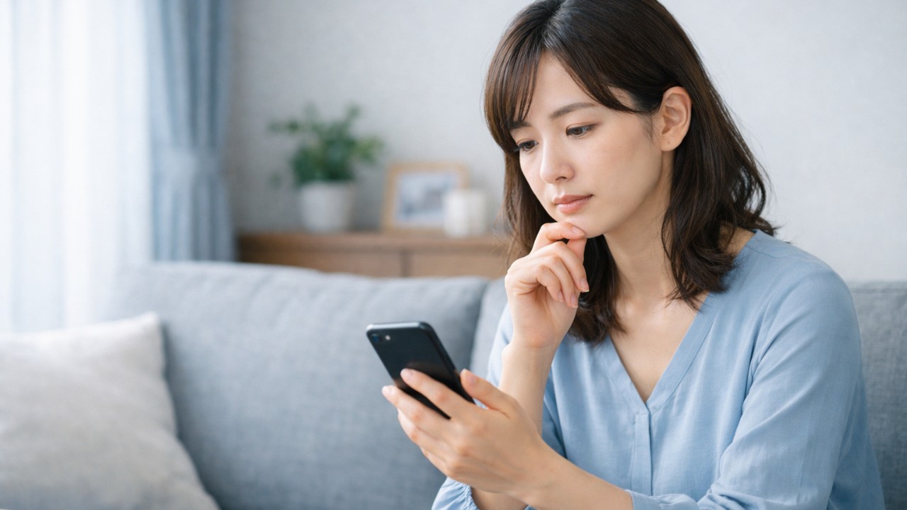 落ち着いた室内でスマートフォンを見つめながら、家族へのお悔やみの言葉を考える日本人女性