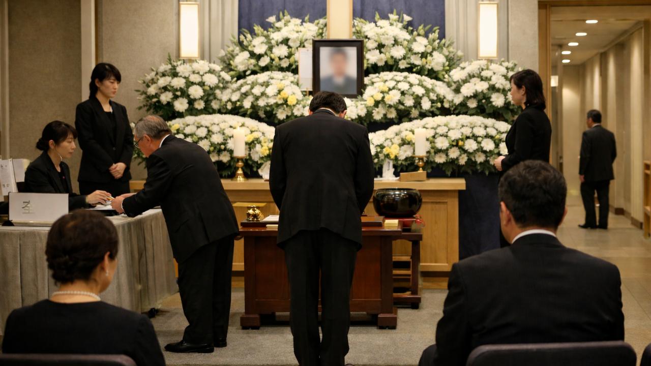 日本の斎場内で、親族や参列者が静かに距離感を保ちながら見送っている様子