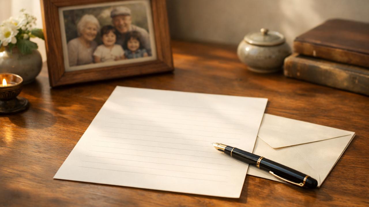 木の机の上に置かれた白い便箋と封筒