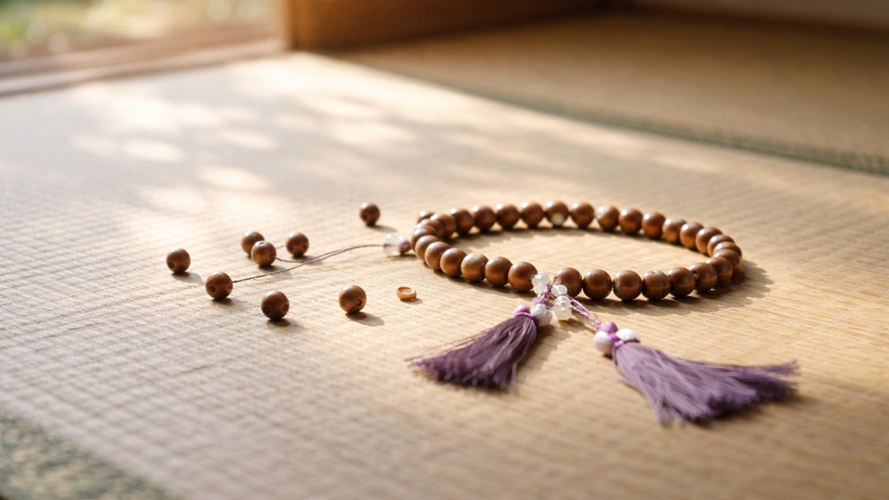 和の静かな室内で、切れた数珠と散らばる数珠玉をやさしい自然光が照らしている情