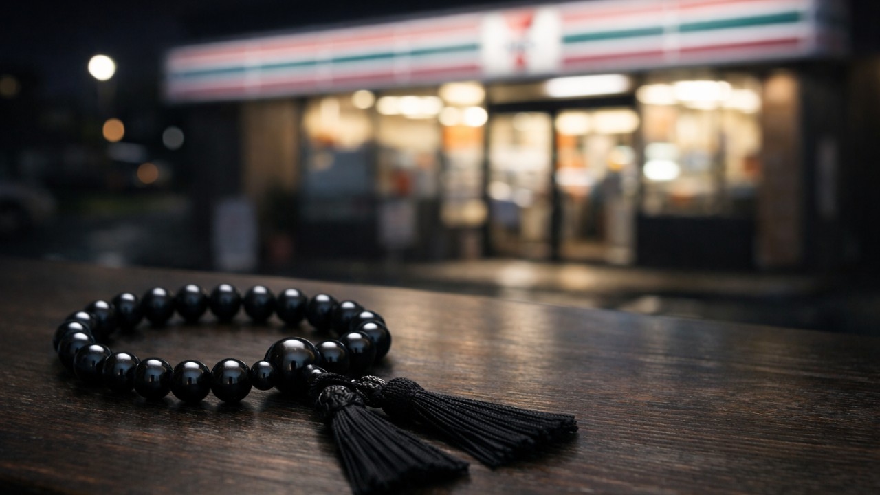 黒を基調としたシンプルな数珠を机の上に置き、その奥に夜のコンビニ外観がやわらかく見える構図