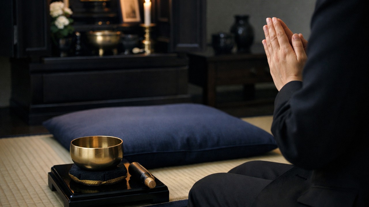 黒や濃紺を基調にした控えめな色合い。仏壇の前に座布団があり、りんとりん棒