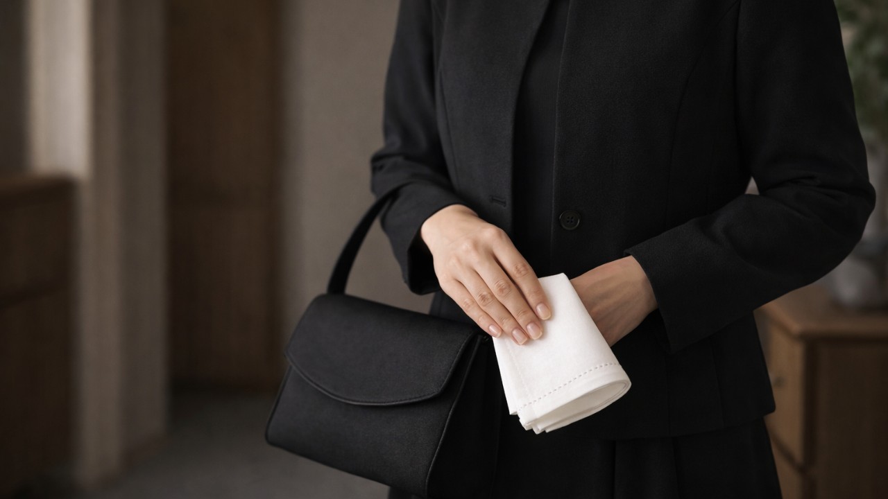 ダークカラーのジャケット、黒いシンプルなバッグ、無地ハンカチを上品に見せる構図