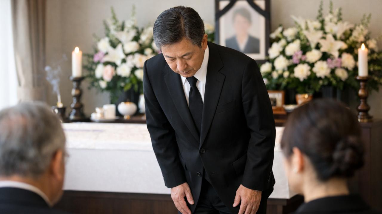 家族葬の式場で、喪主が落ち着いた表情で会葬者に一礼している日本の葬儀シーン