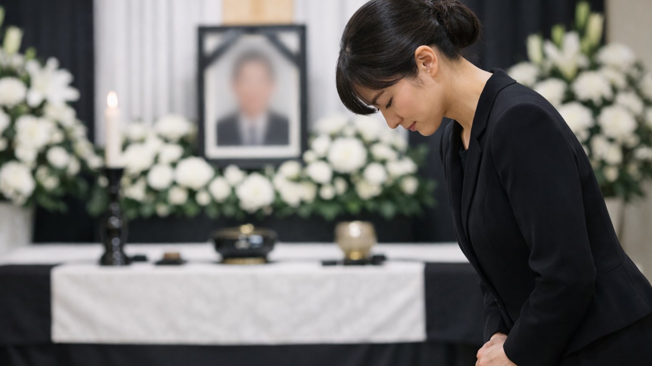 日本の葬儀会場を舞台に、喪服姿の成年女性が落ち着いて一礼している場面