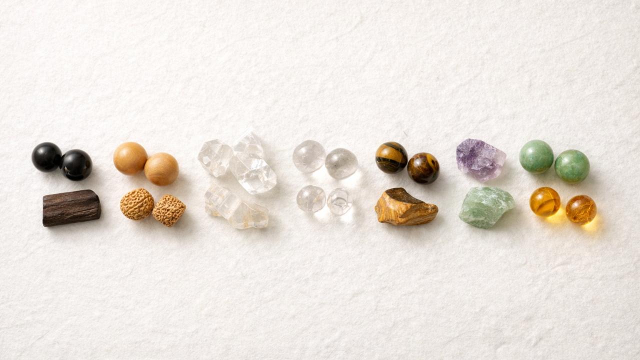 数珠の素材ランクを比較するためのビジュアル。黒檀、白檀、菩提樹、本水晶、虎目石、紫水晶、翡翠、琥珀を上品に配置