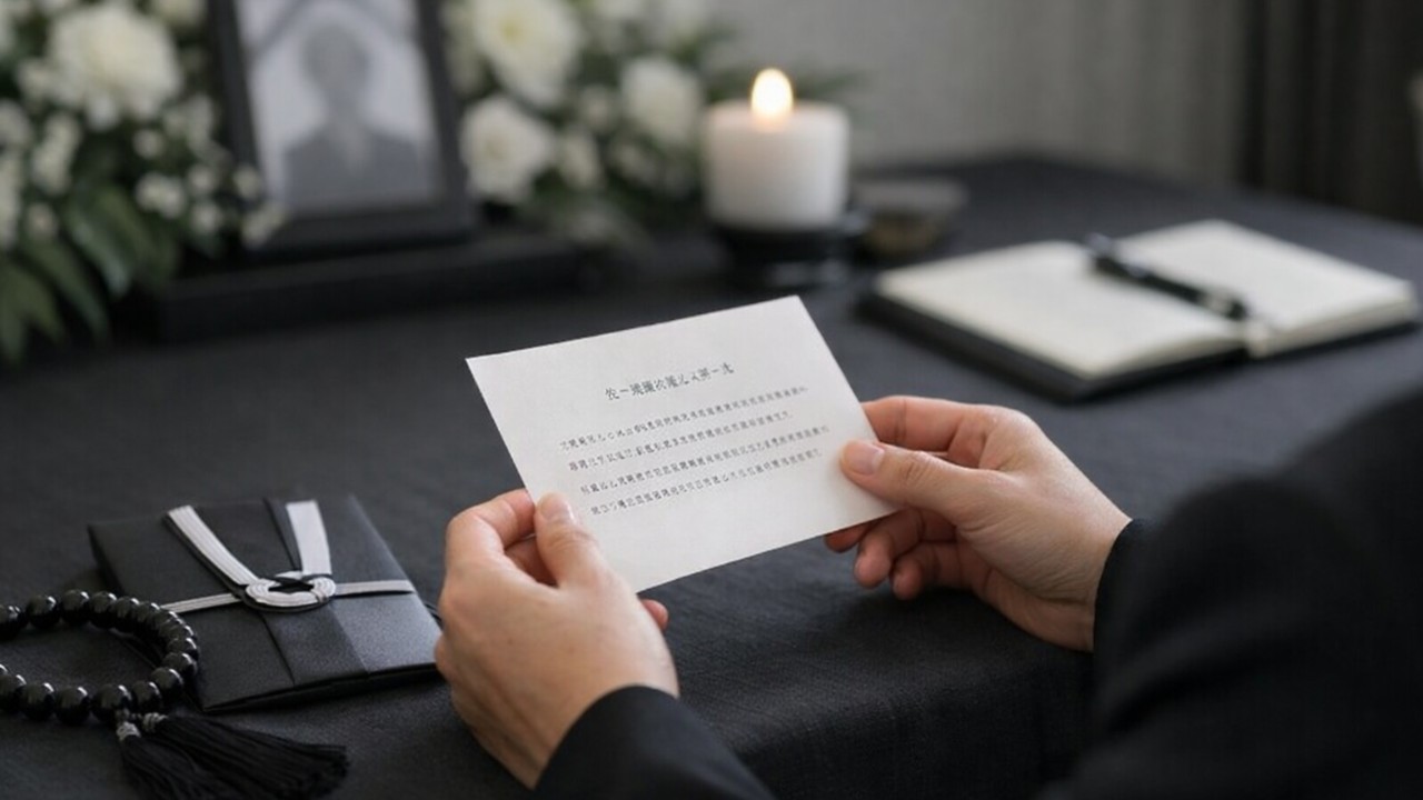 日本の家族葬をテーマにした落ち着いたアイキャッチ。訃報の案内文を静かに確認する参列者の手元