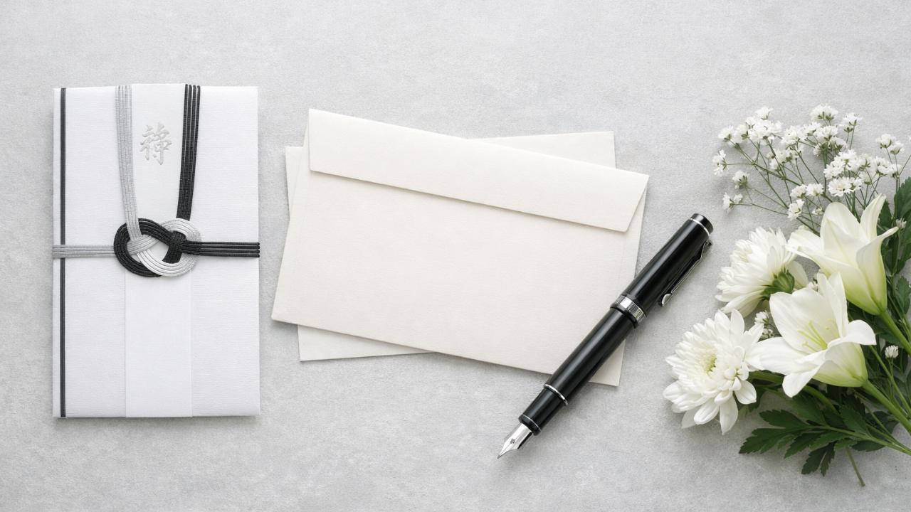 日本の弔事マナー記事向けの上品で落ち着いたアイキャッチ。白とグレーを基調に、不祝儀袋、封筒、万年筆、白い供花を控えめに配置