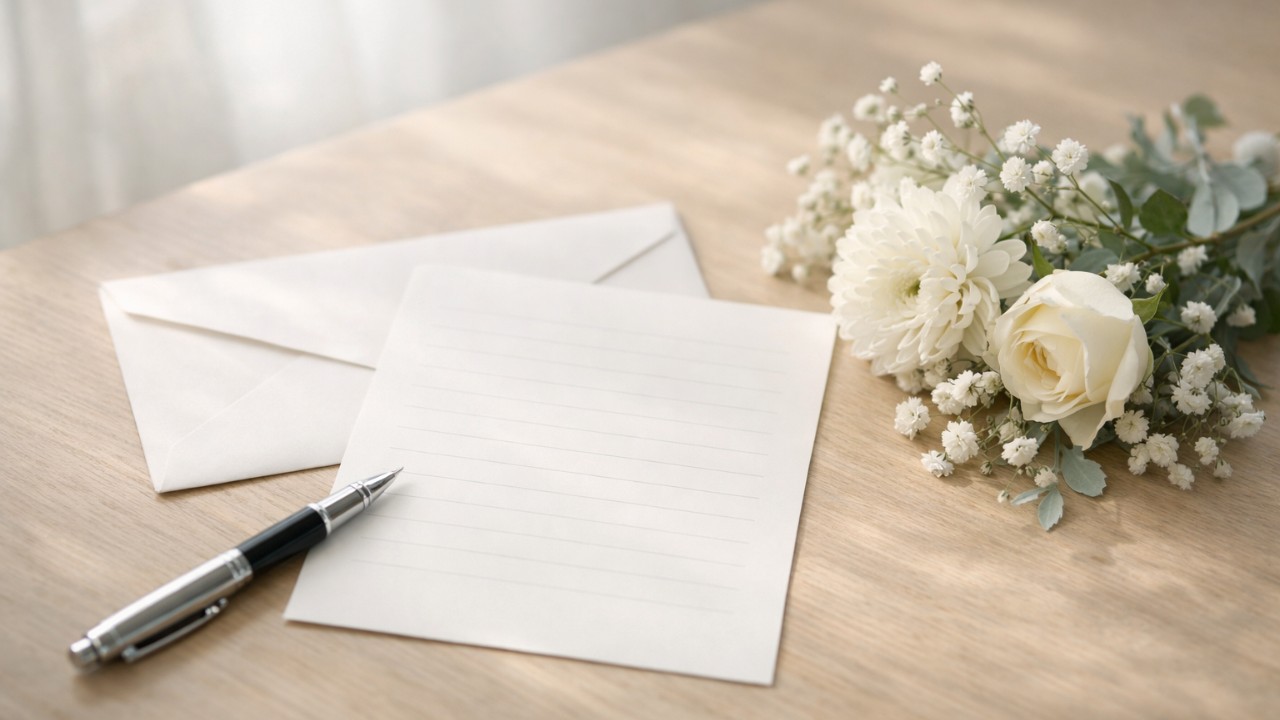 白い便箋と封筒、淡い白花、やわらかな自然光、静かで上品な雰囲気、葬儀マナー記事のアイキャッチ