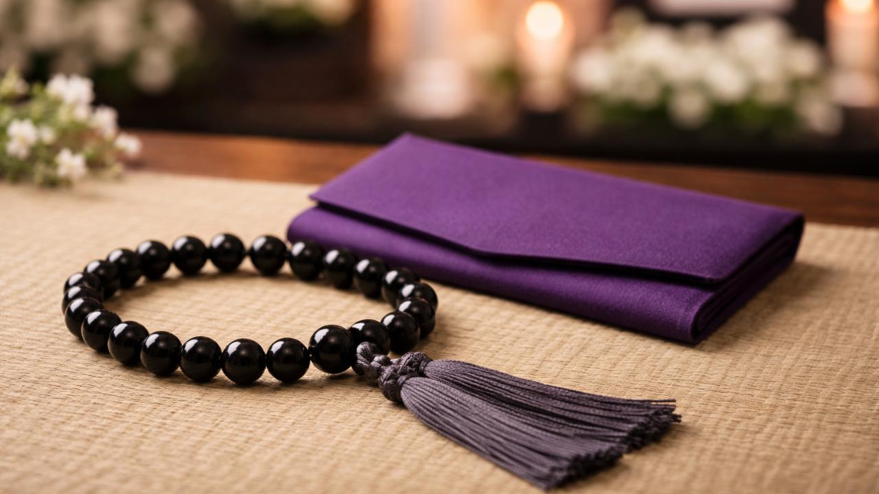 黒の略式数珠と紫の袱紗を落ち着いた和の背景に配置し、葬儀会場を連想させる上品で静かな雰囲気