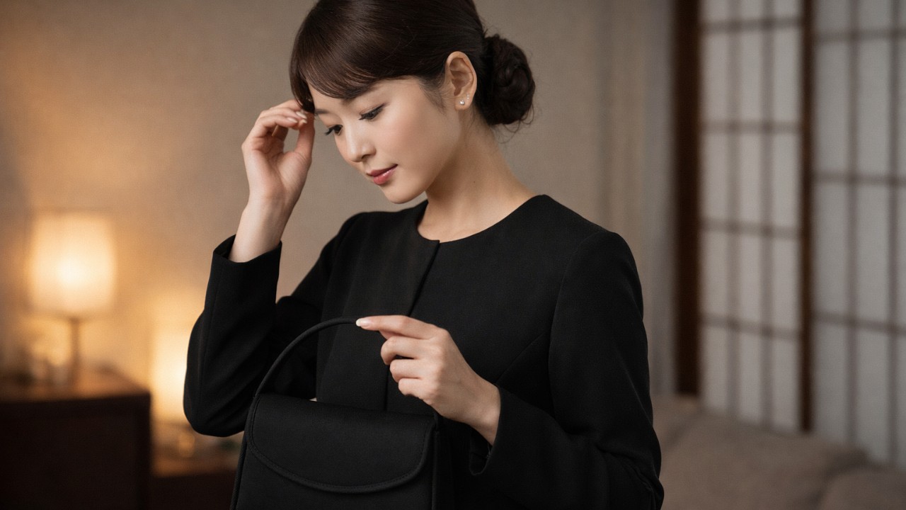日本人女性が黒の控えめな通夜服で身だしなみを整えている様子。低い位置のまとめ髪、ナチュラルメイク、黒バッグ