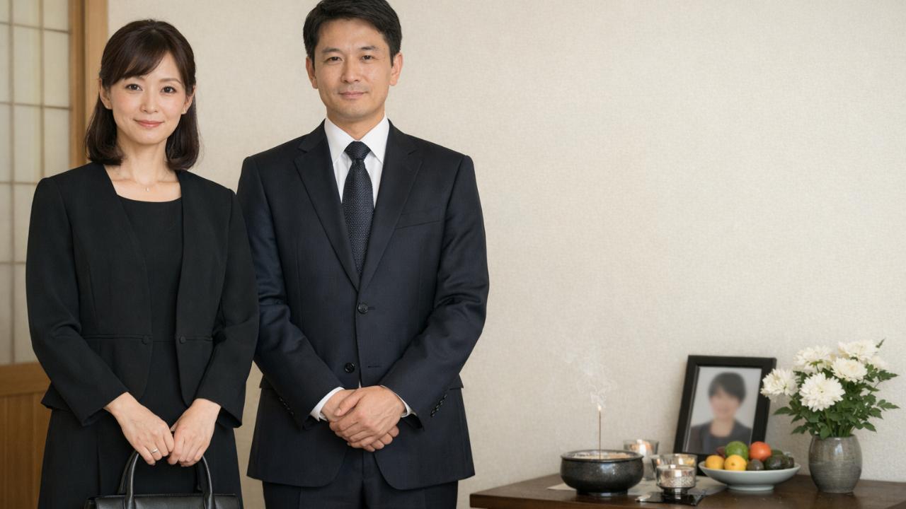 お線香あげに行く服装をテーマにした日本の弔問マナー記事用アイキャッチ。黒・濃紺・グレーの落ち着いた服装