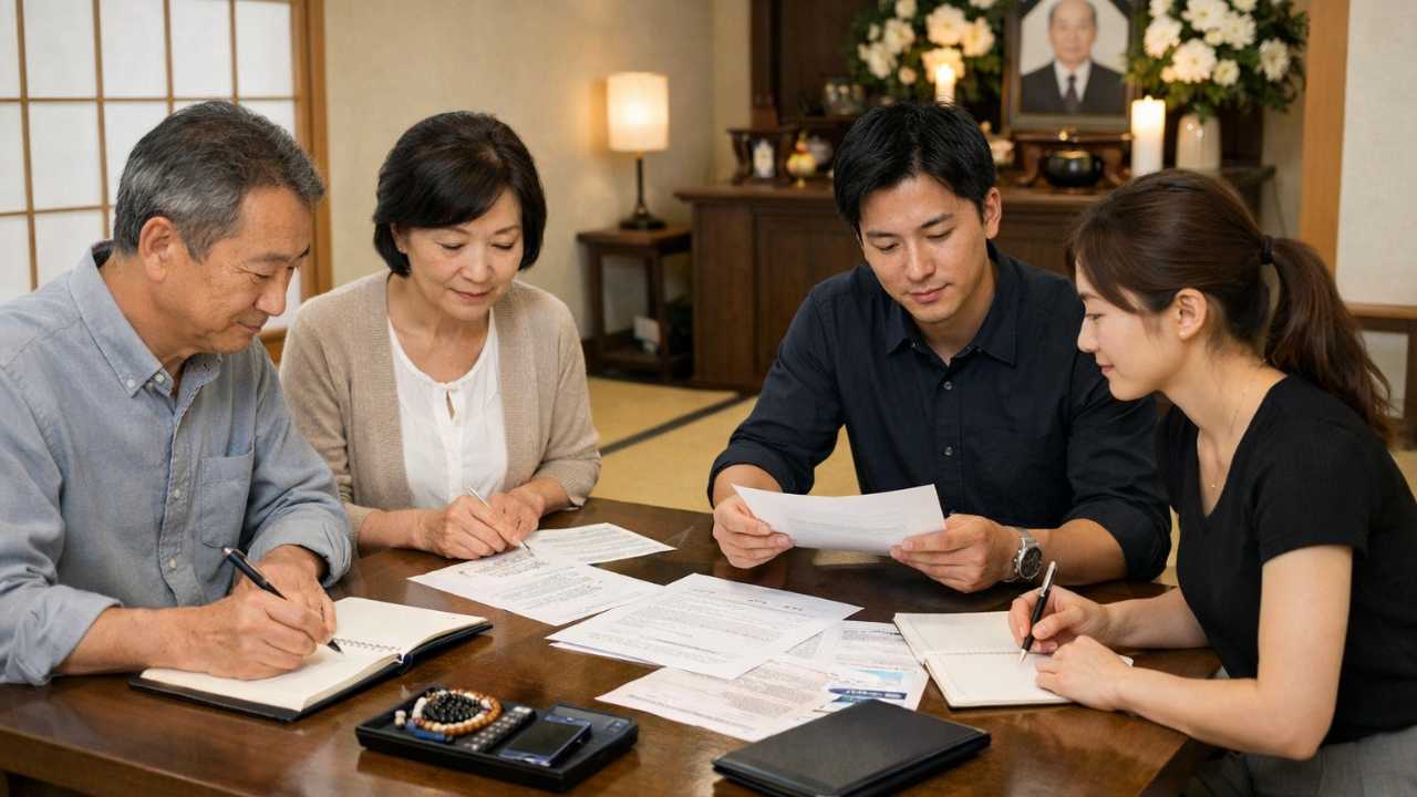 落ち着いた室内で家族がメモと書類を見ながら葬儀準備を進めている日本の情景