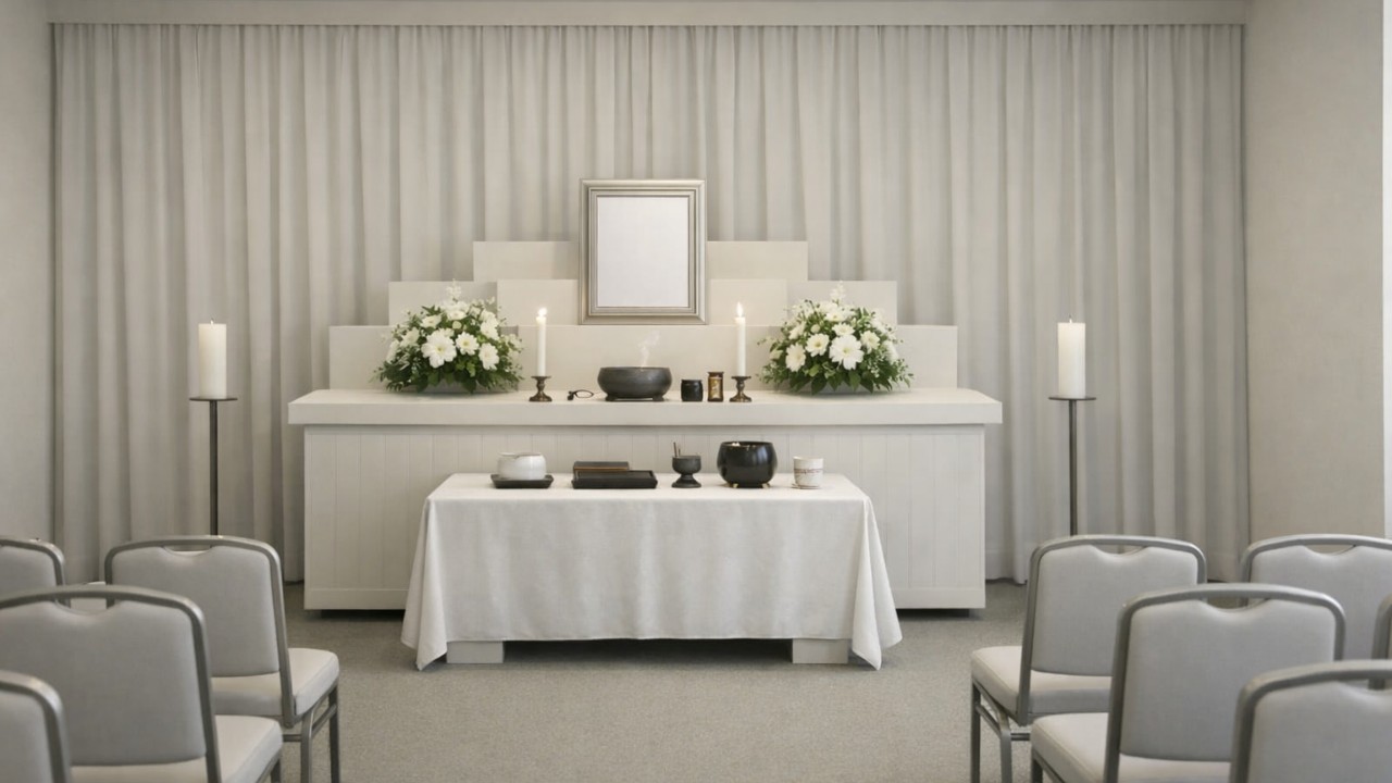 日本の一般的な葬儀の流れを連想させる、落ち着いた会場イメージ。白と淡いグレーを基調に、祭壇や花を控えめに配置し、厳粛で清潔感のある雰囲気