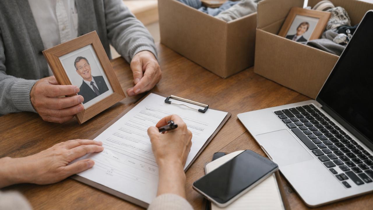遺品整理と手続きの両立を表現した室内シーン。段ボール箱、写真立て、契約書、ノートPC、スマートフォンを静かに整理する手元中心の構図