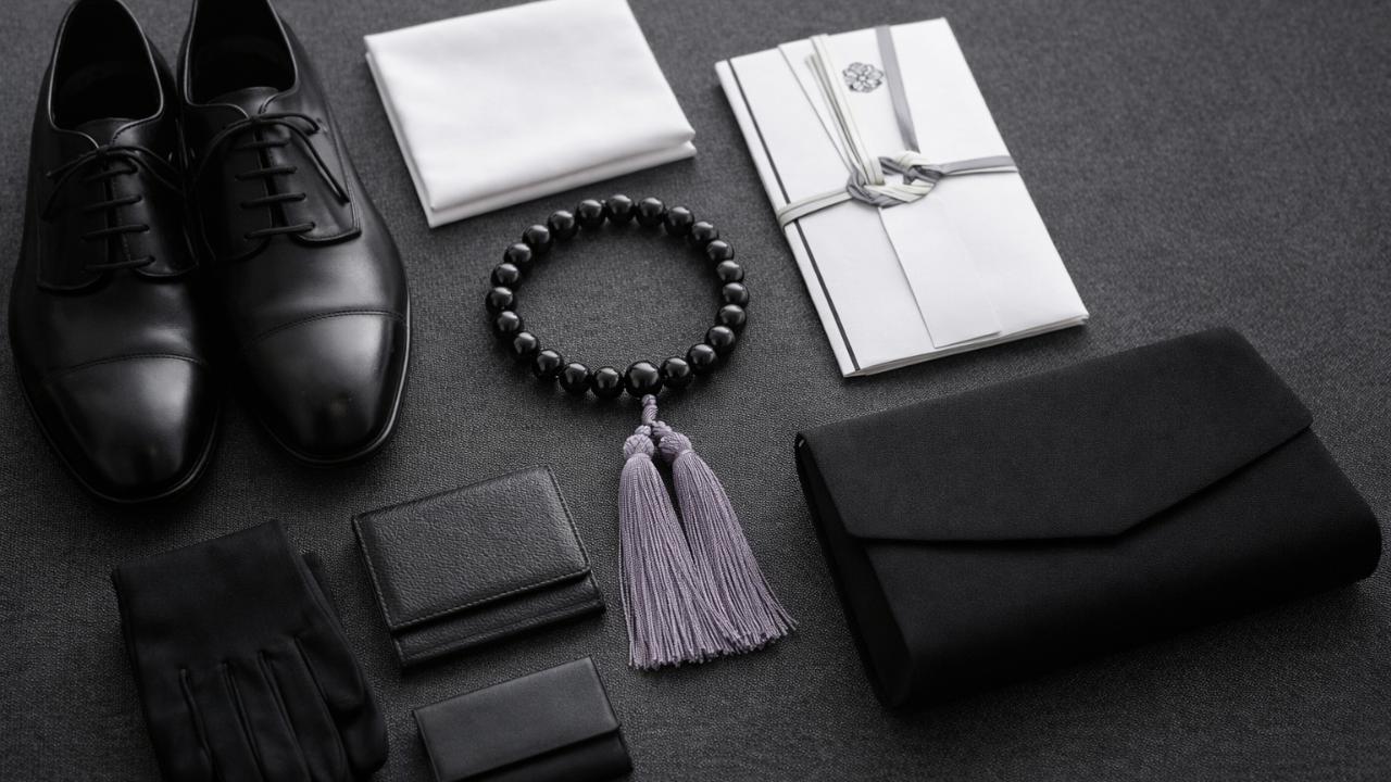 通夜参列の準備として、黒の礼服小物、数珠、白いハンカチ、香典袋を上品に並べた実写風イメージ