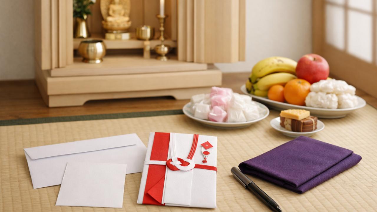 仏壇法要の準備として、封筒、のし袋、お供え物を整えた日本の室内風景