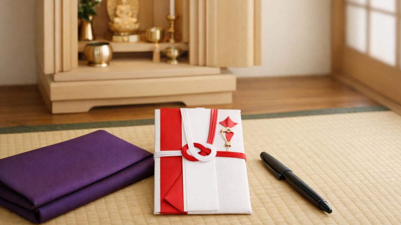 白木の仏壇の前に、赤白の祝儀袋とふくさ、筆ペンを落ち着いた和室に配置した横長ビジュアル