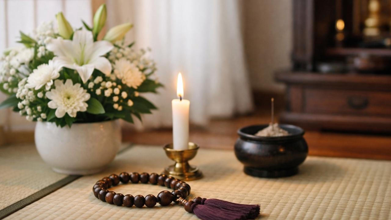 白い花、ろうそく、数珠、落ち着いた和室の一角をやわらかな自然光で写した、法要を連想させる上品で静かな写真風ビジュアル