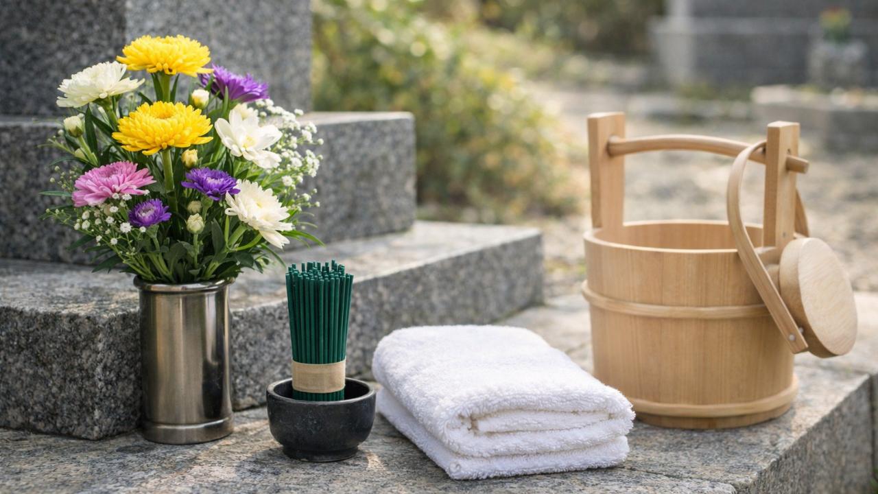 お墓参りの準備として花、線香、雑巾、手桶を静かに並べた清潔感のある写真風ビジュアル